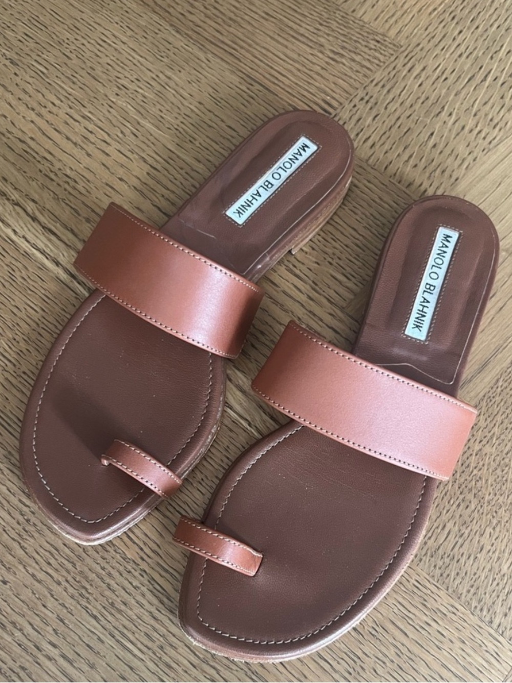 Manolo Blahnik Flat Sandals Slides in Brown Leather 36.5